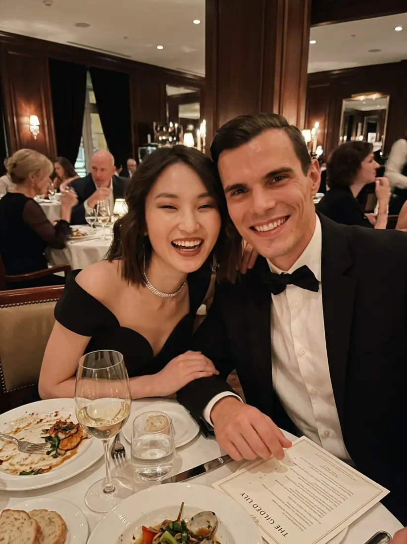 A couple in black evening wear sit at a restaurant table, before the Future Baby Generator creates a child portrait.