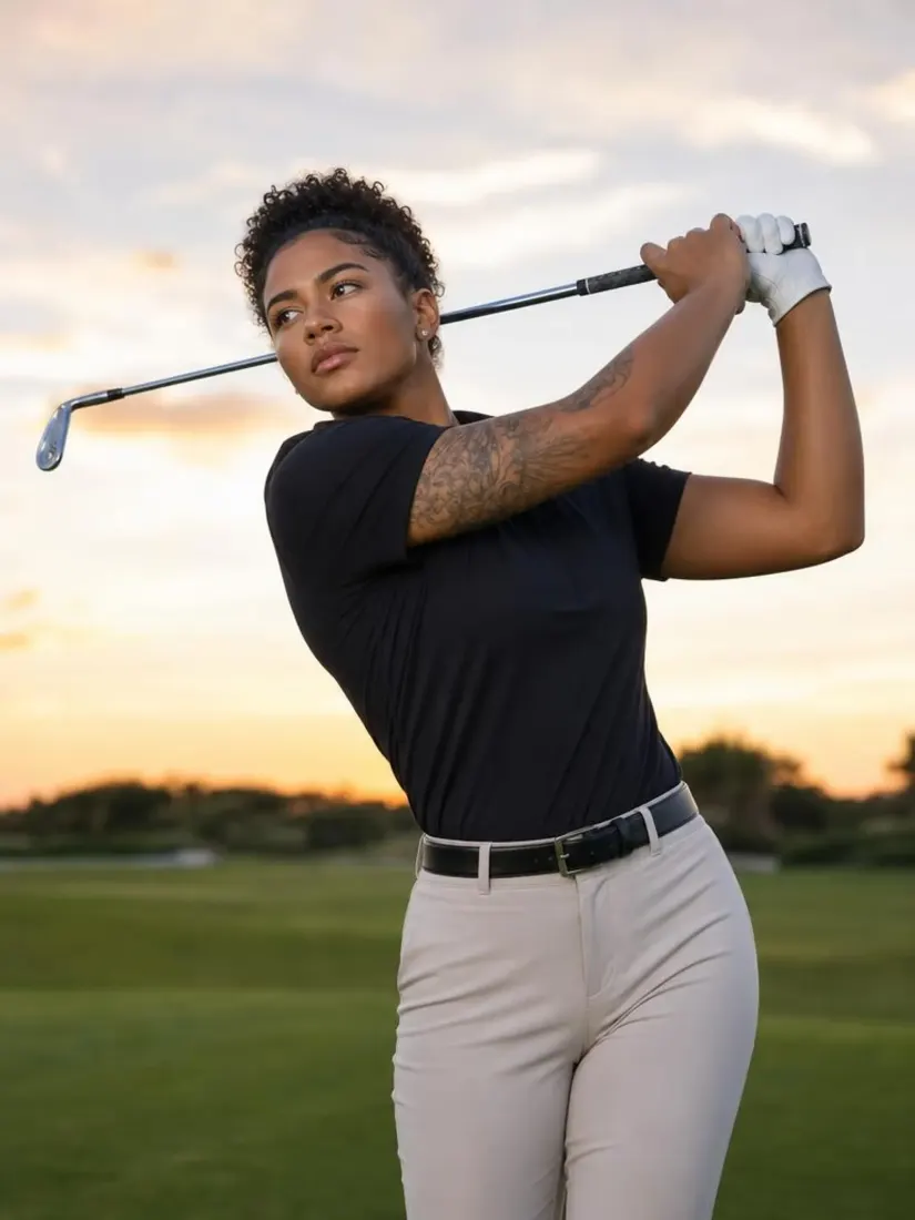 A golfer with short curly hair and softened features shows a gender-swapped mid-swing pose from the Gender Swap tool.