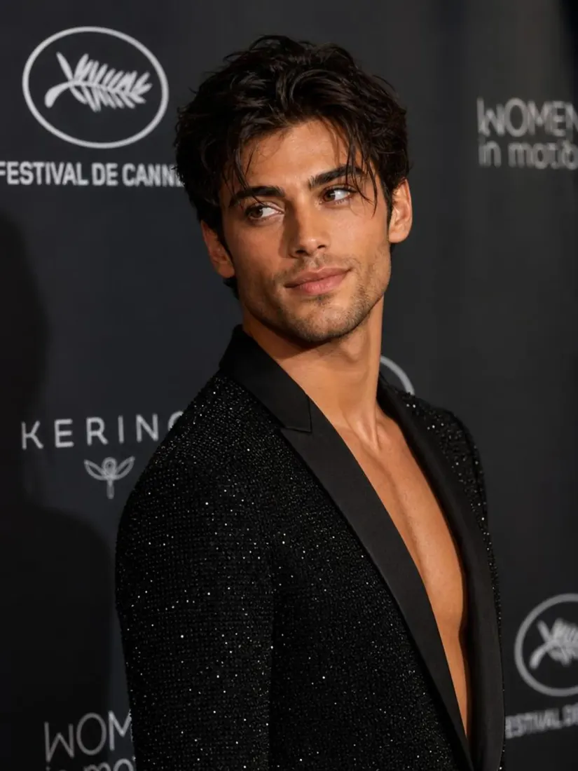A man with dark wavy hair in an open blazer poses on a red carpet, gender-swapped from the original by the Gender Swap tool.