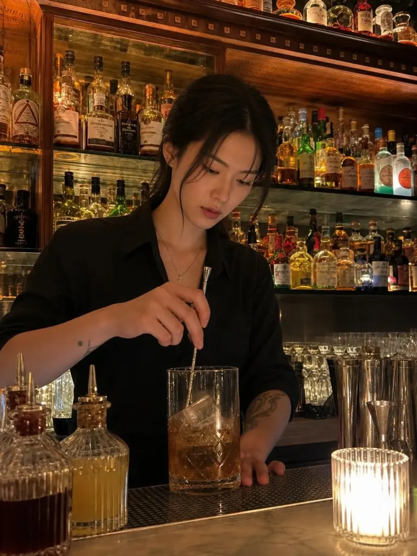 A woman in a black shirt stirs a cocktail behind a bottle-lined bar, styled by the Gender Swap tool.