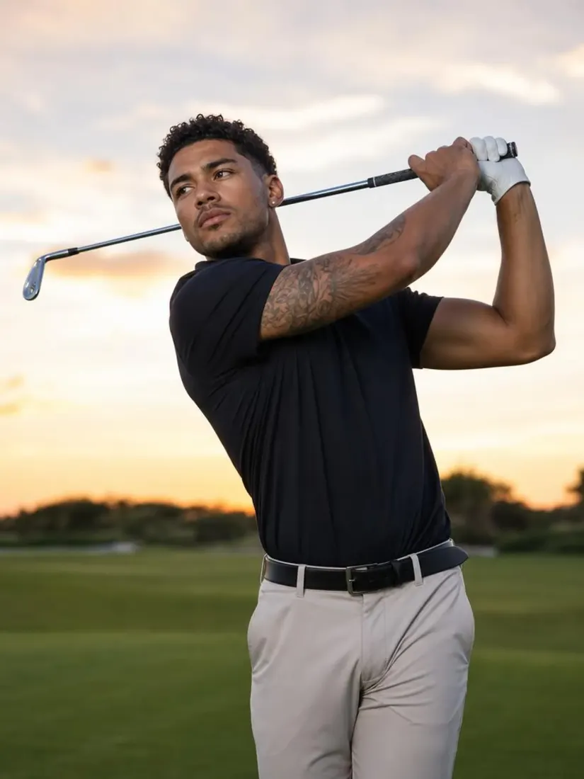 A bearded man mid-swing on a golf course appears before the Gender Swap tool alters his features.