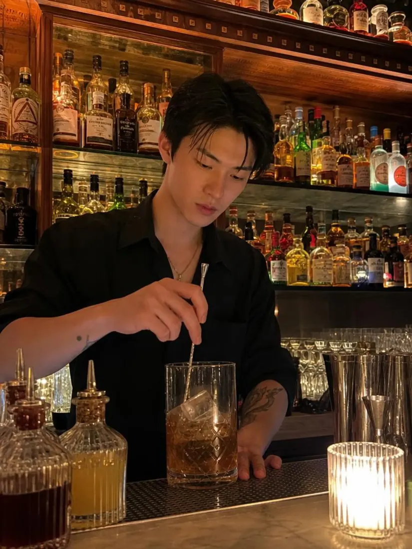 A man in a black shirt stirs a cocktail behind a bottle-lined bar, before the Gender Swap tool changes the portrait.