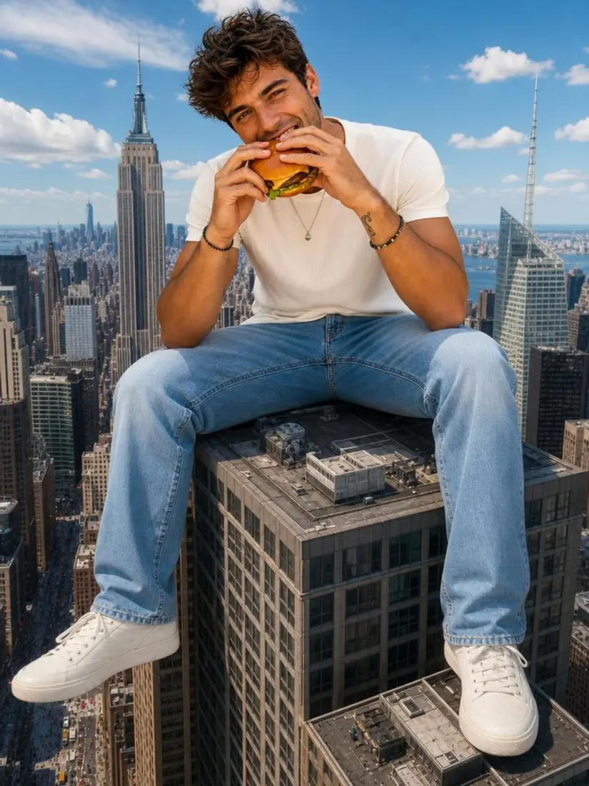 A man sits eating a burger atop a skyscraper, towering over the city in a scene from the Giant Human Generator tool.