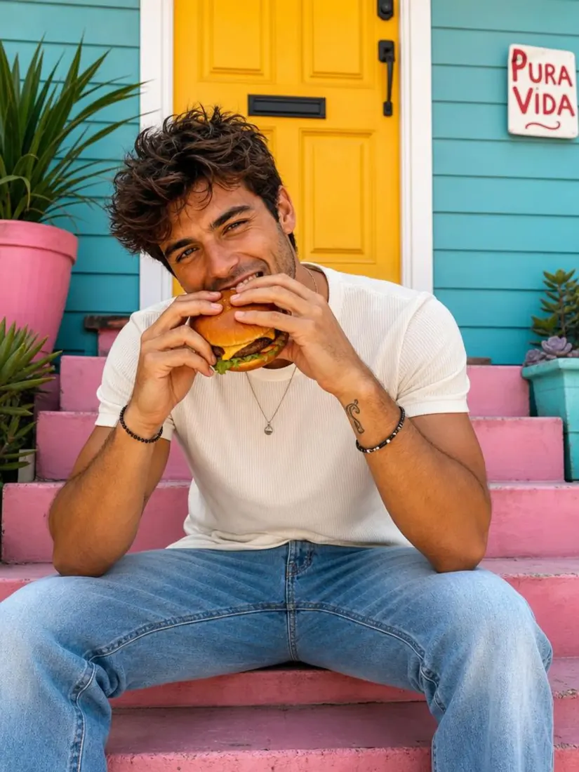 A man eats a burger while sitting on colorful painted steps, before the Giant Human Generator scales him skyscraper-tall.