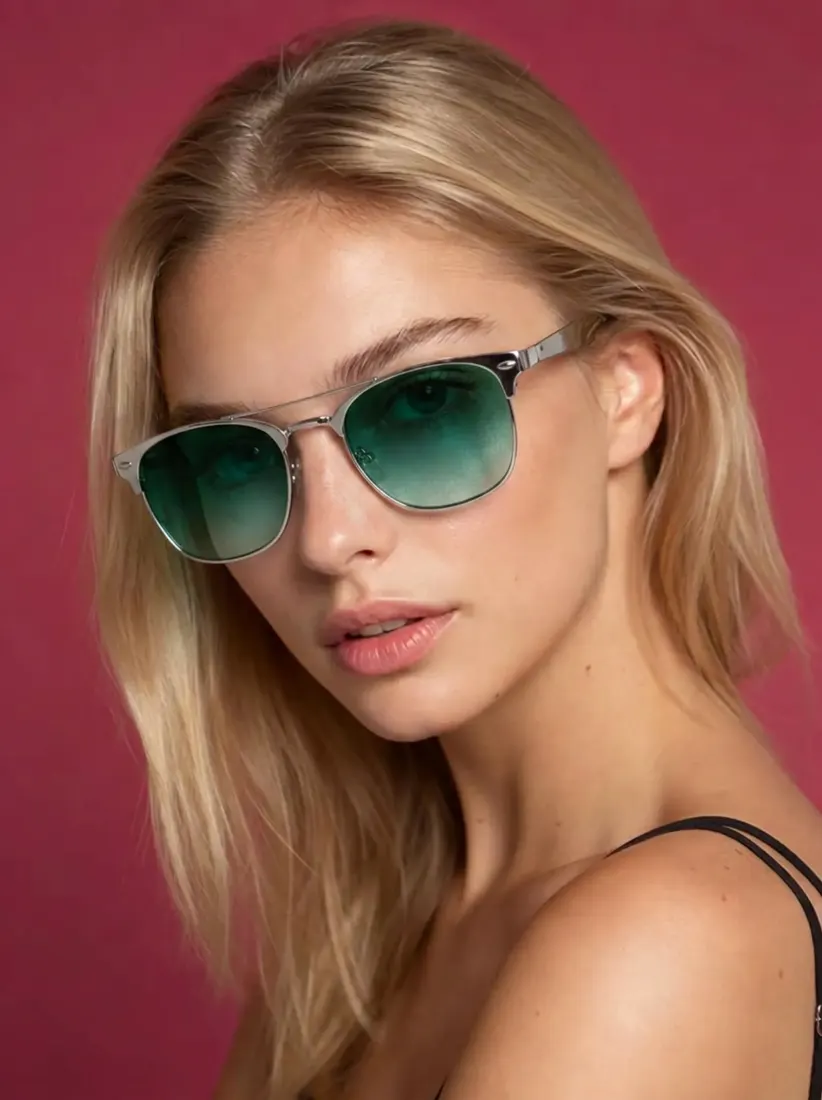 A woman now wears black rectangular glasses, an accessory added by the Glasses Generator tool.