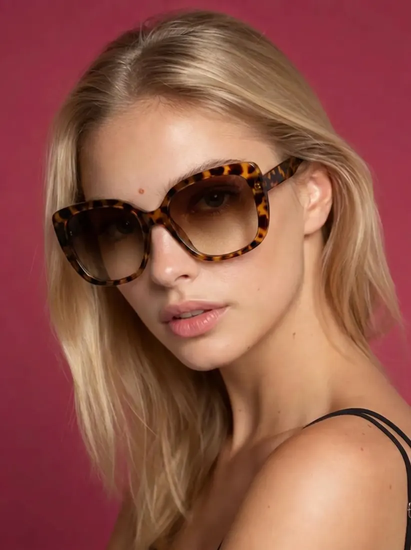 The same woman now wears round tortoiseshell sunglasses, another look from the Glasses Generator tool.