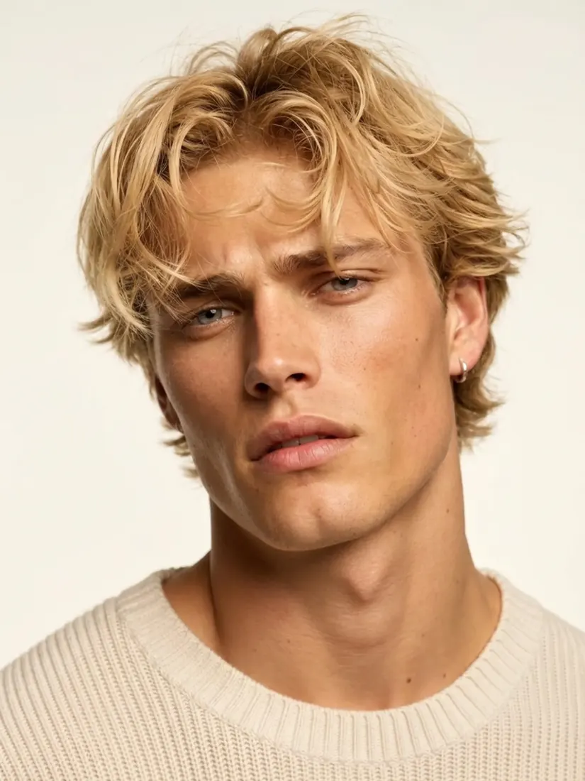 A man with natural wavy blond hair appears before the Hair Color Editor previews new shades.