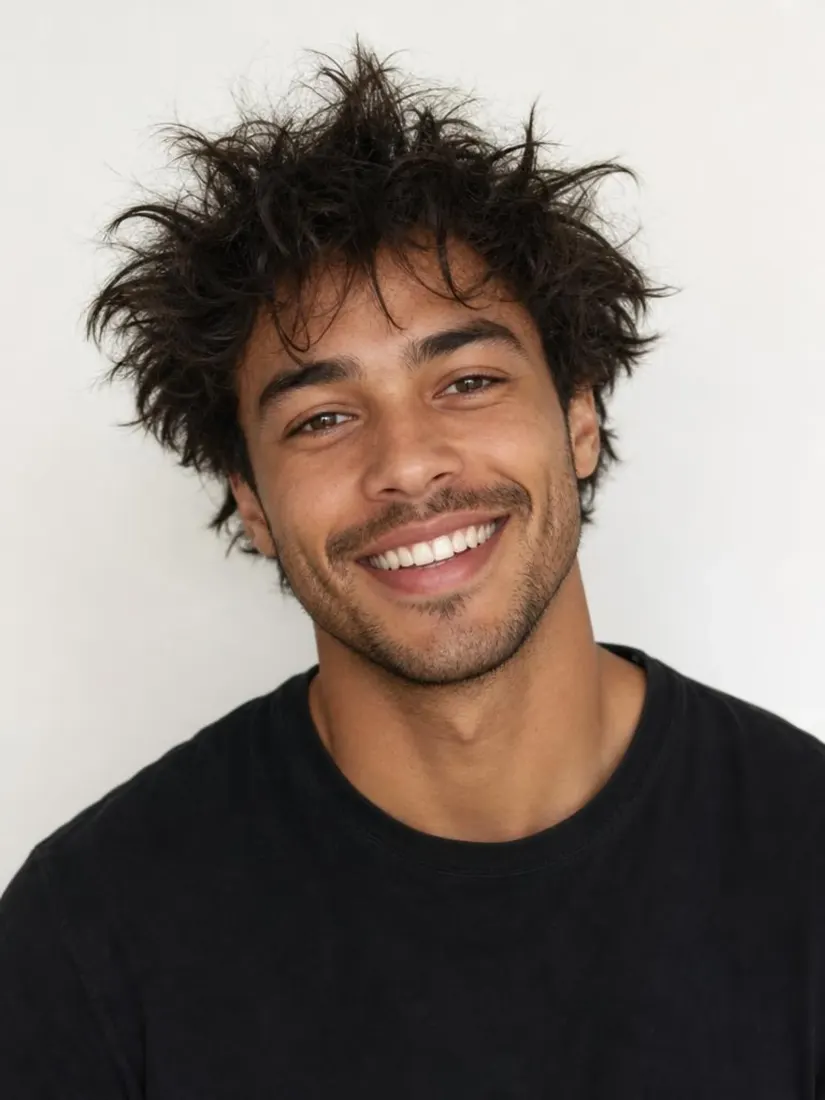 A man's curly hair looks wild and unkempt as he smiles, before the Hair Fixer tool tidies it.