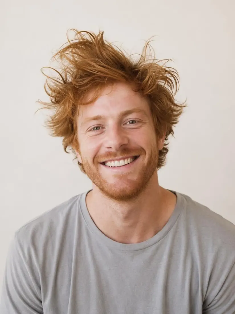 A red-haired man's curls look wind-tousled and messy, before the Hair Fixer tool smooths them.