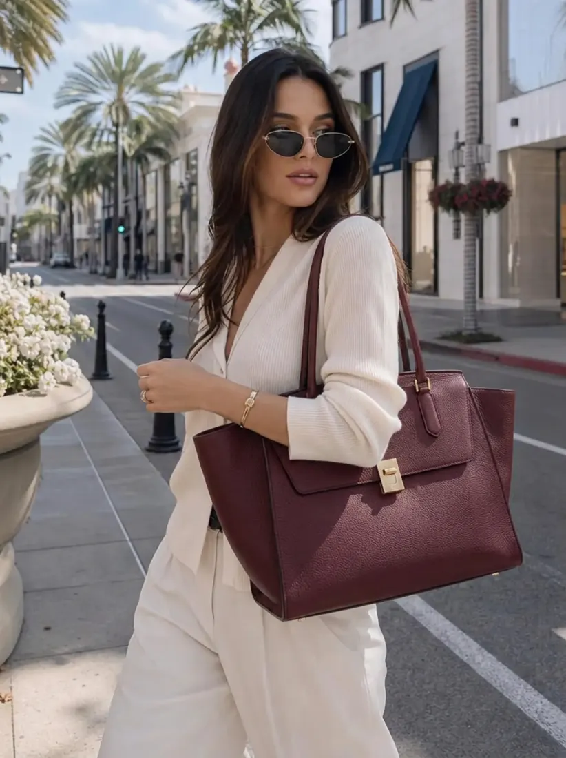 The same woman now carries a burgundy leather satchel, another bag added by the Handbag Generator tool.