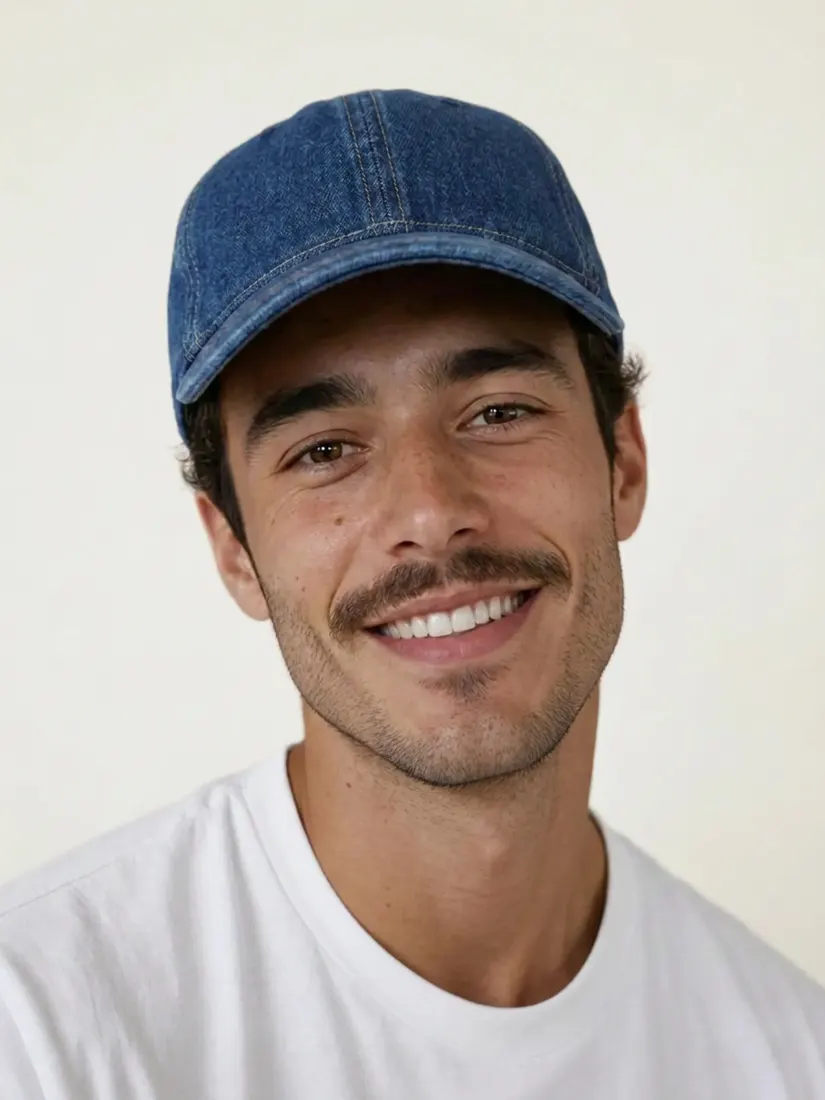 A smiling man now wears a denim baseball cap, added by the Headwear Generator tool.