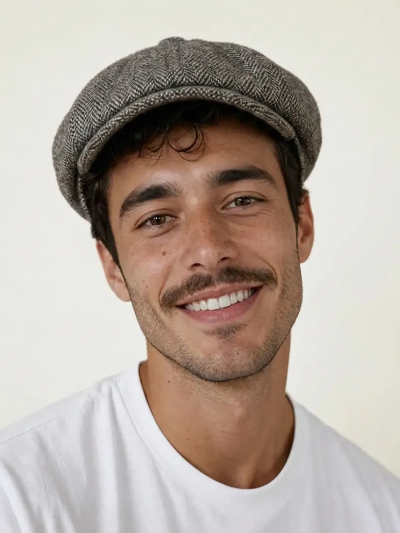 The same man now wears a gray newsboy cap, a different style from the Headwear Generator tool.