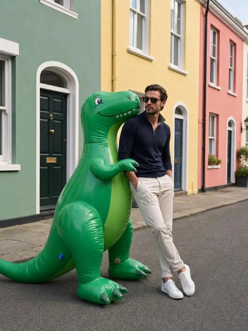 A man in a polo and khakis now stands beside a giant inflatable dinosaur, swapped in by the Image Replace tool.