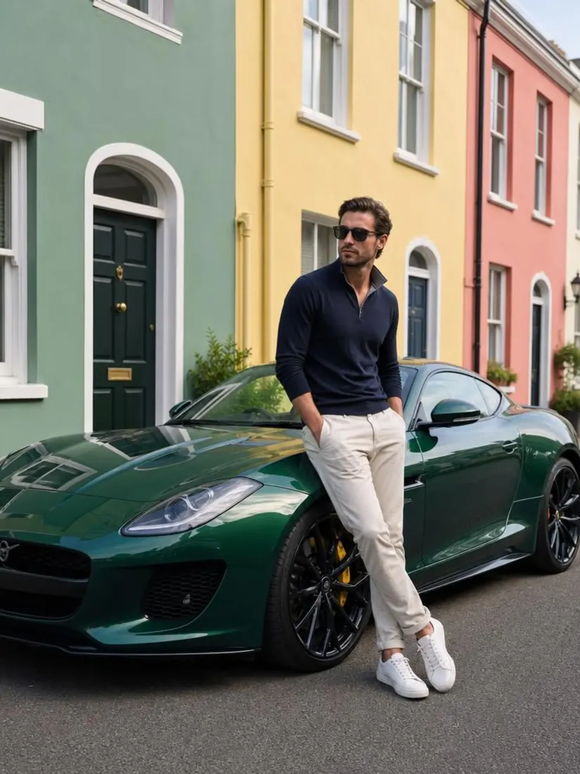 A man in a polo and khakis stands beside a green sports car, before the Image Replace tool swaps it for a dinosaur.