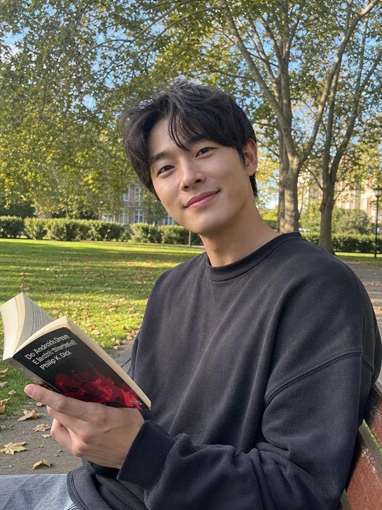 A man in a black sweatshirt reads on a park bench, before the Live Broadcast Generator restyles the scene.