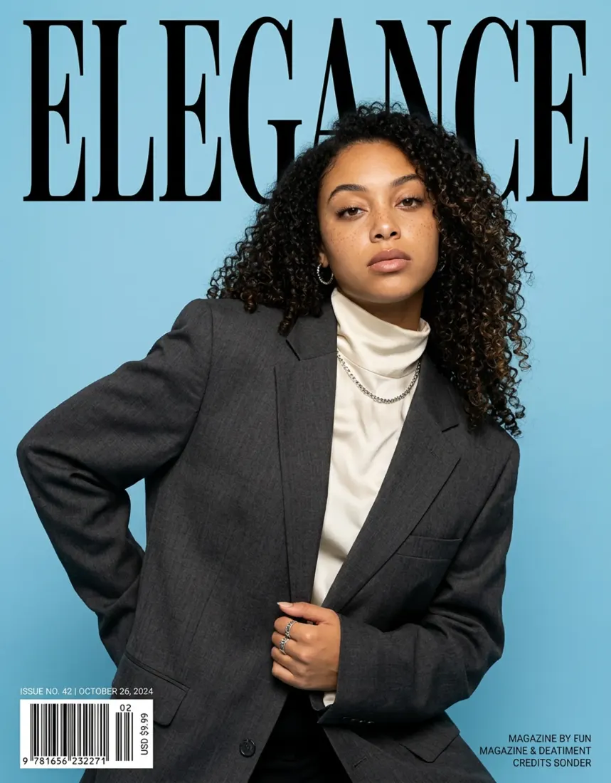 A curly-haired woman in a blazer appears on a mock 'Elegance' magazine cover, designed by the Magazine Cover Generator tool.