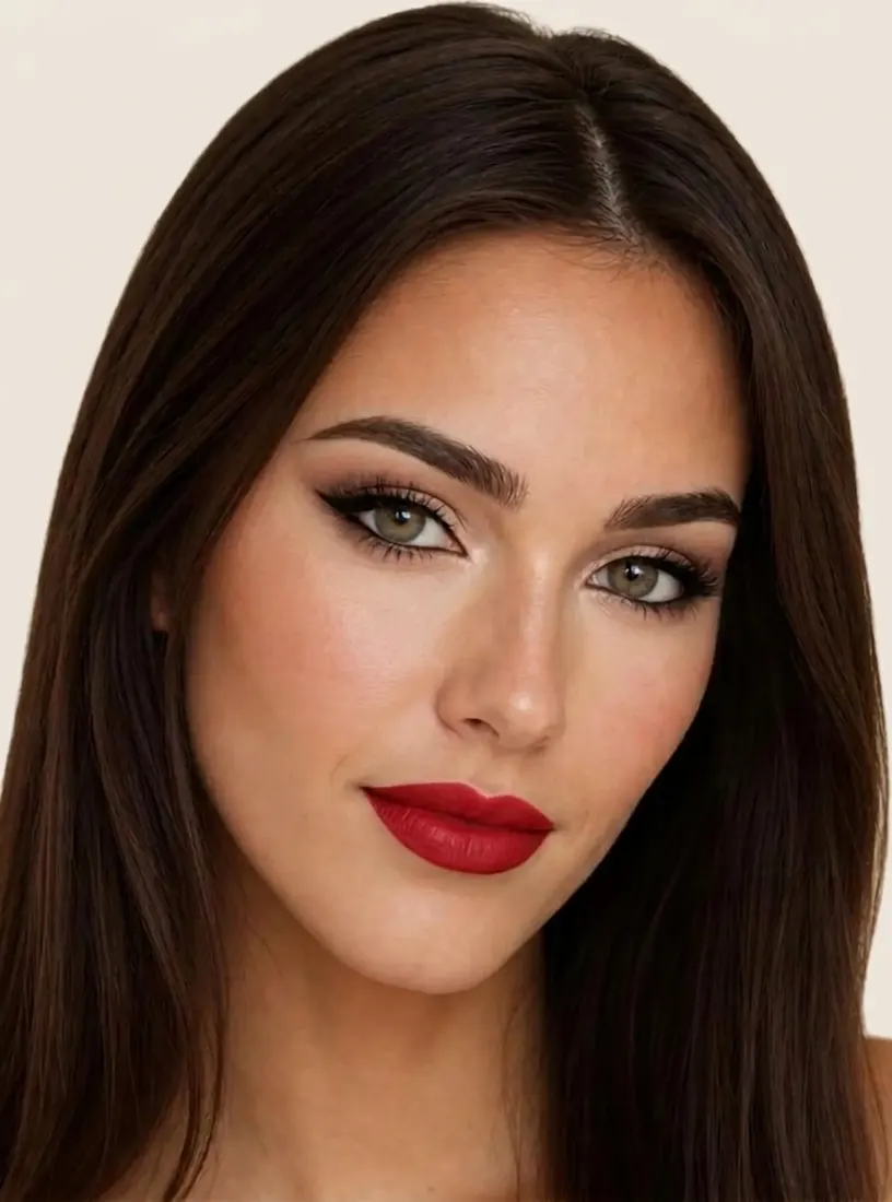 A close-up shows bold red lipstick and winged eyeliner, a look created by the Makeup Editor tool.