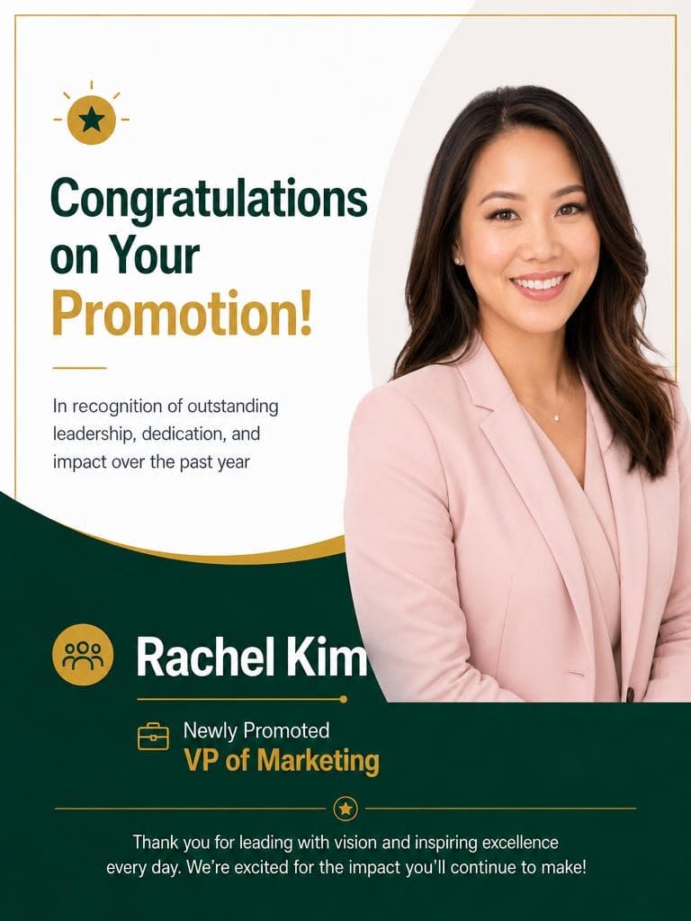 An Asian woman in a blazer headlines a 'Congratulations on Your Promotion' card made with the Milestone Card Generator tool.