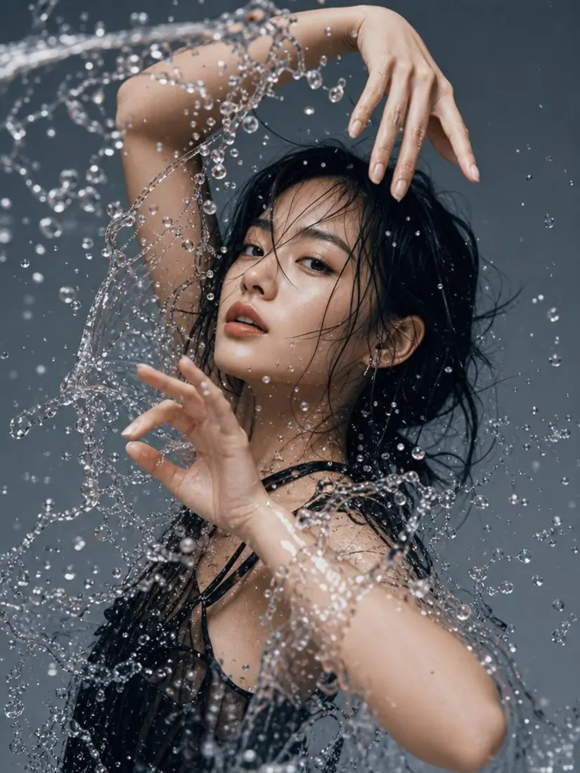A woman poses amid suspended water droplets, before the Motion Blur Filter adds motion.