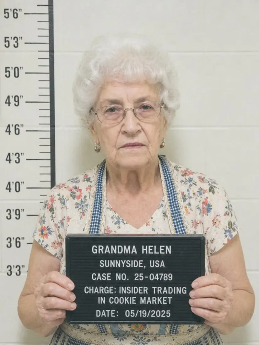 An older woman in a floral apron holds a height-chart name board, styled by the Mugshot Filter tool.