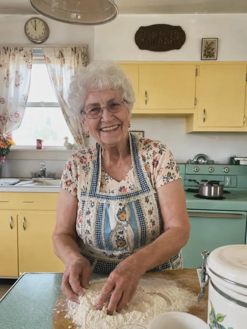 An older woman smiles while kneading dough in a yellow kitchen, before the Mugshot Filter restyles the portrait.