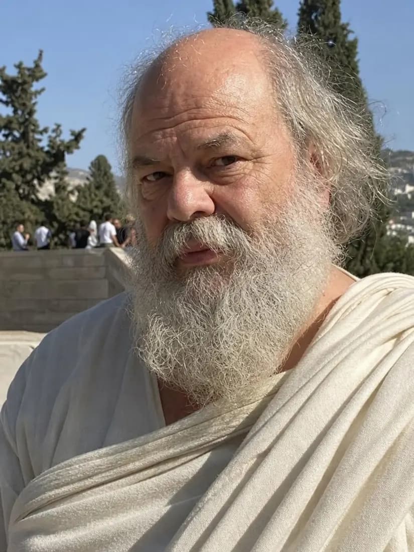 An older man with a long white beard in a cream draped robe stands outdoors, before the Mugshot Filter restyles the portrait.