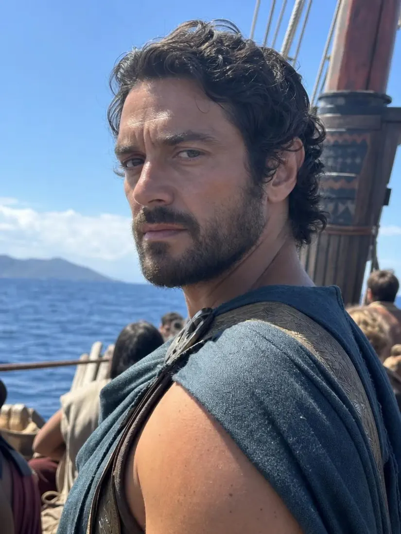 A man in a dark draped tunic stands on a wooden ship at sea, before the Mugshot Filter restyles the portrait.