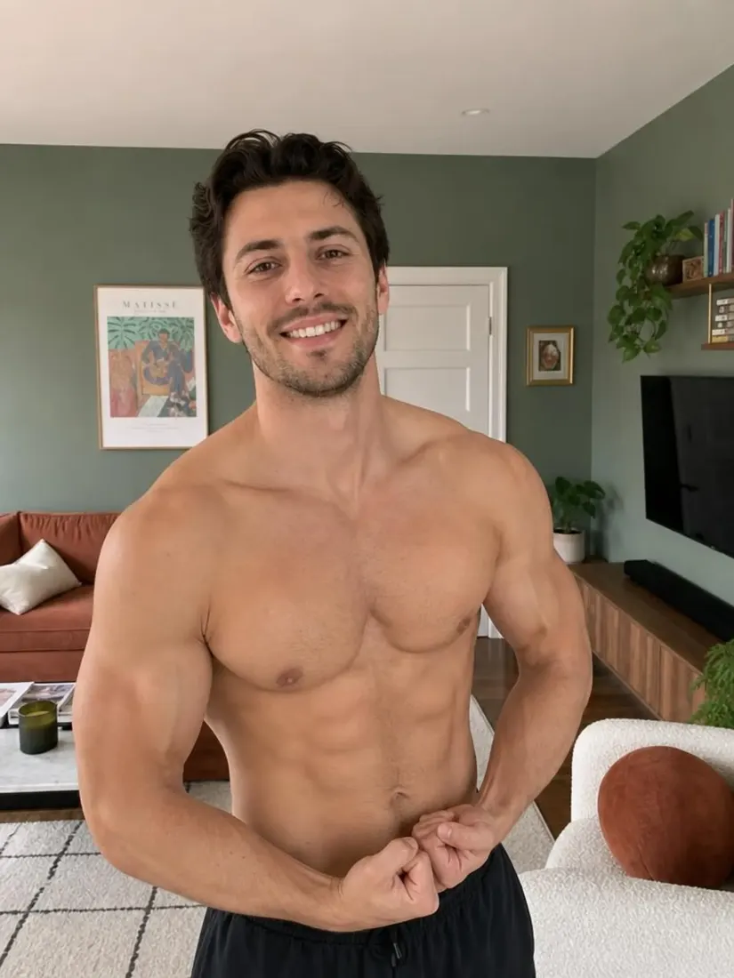 A shirtless man flexes a muscular physique in his living room, a look created by the Muscle Filter tool.