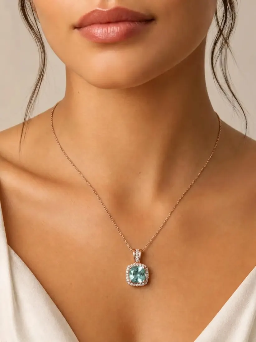 A close-up of a collarbone shows a delicate silver pendant with a green gem from the Necklace Generator tool.