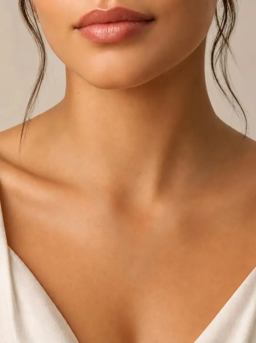 A close-up of a bare neck and collarbone, before the Necklace Generator adds jewelry.