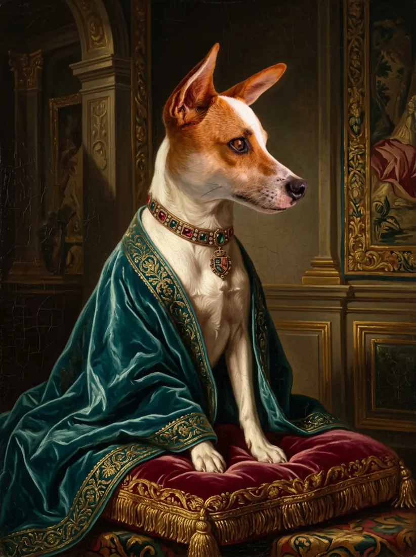 A dog is painted as a regal Renaissance-style portrait in a teal robe, created by the Pet Portrait Generator tool.