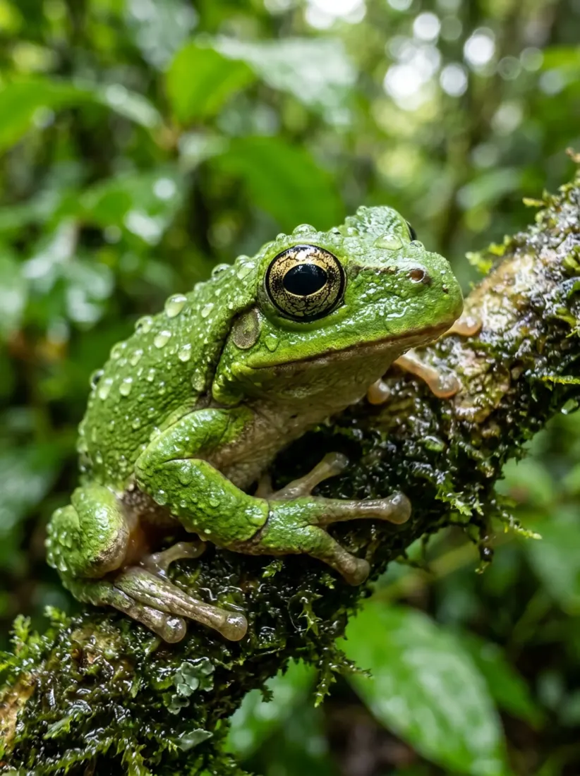 A green tree frog on a mossy branch appears sharp and detailed after the Photo Enhancer tool.