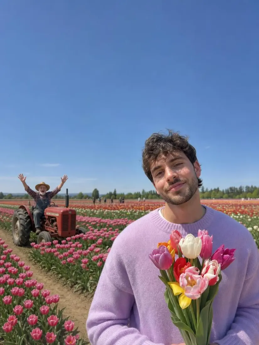 A man holding tulips in a flower field gains a wider expanded background from the Photo Expander tool.