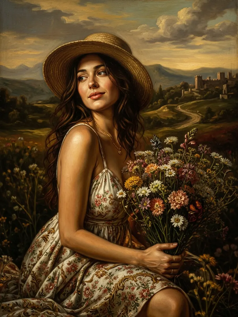 A woman in a sunhat holding flowers is rendered as a painterly countryside artwork by the Photo to Painting Converter.