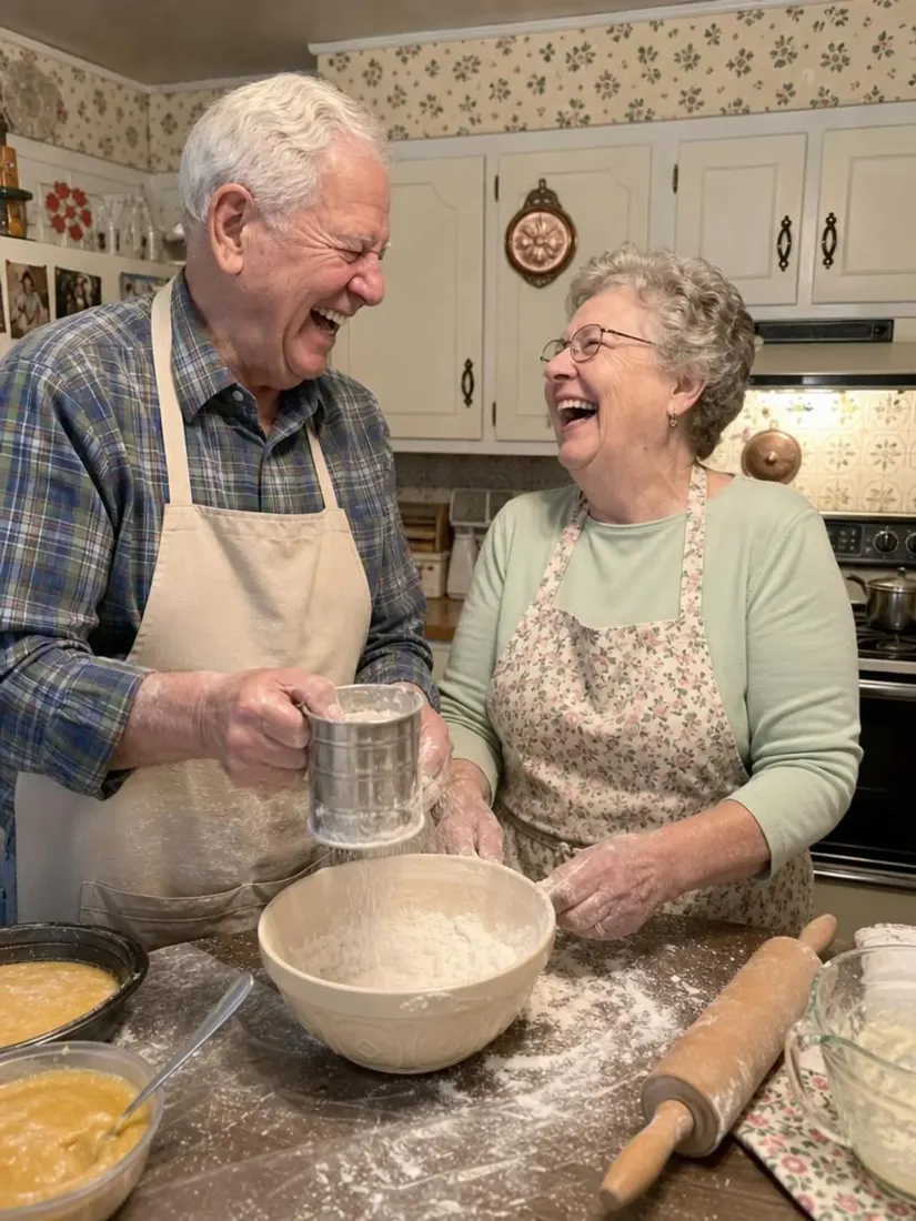 An elderly couple laughs together while baking in the kitchen, before the Photobooth Filter creates a photo strip.