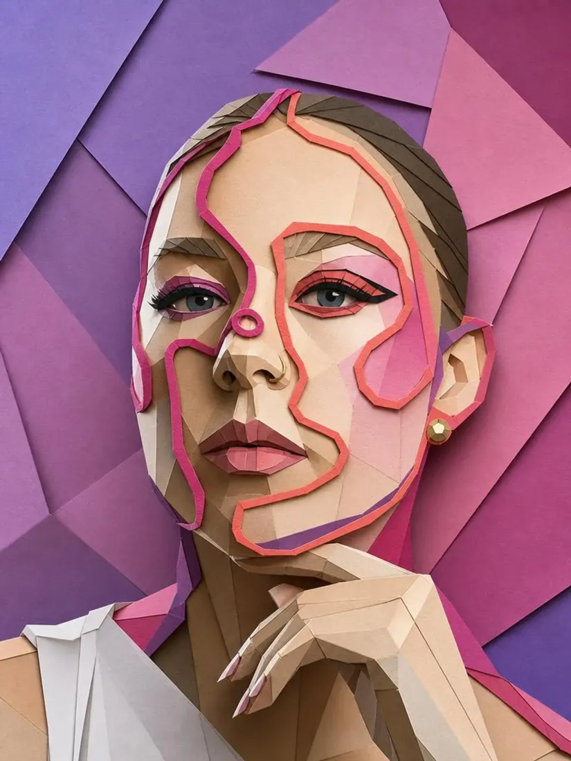 A woman's portrait is rebuilt from faceted low-poly shapes, an artwork made by the Polygonal Art Generator tool.