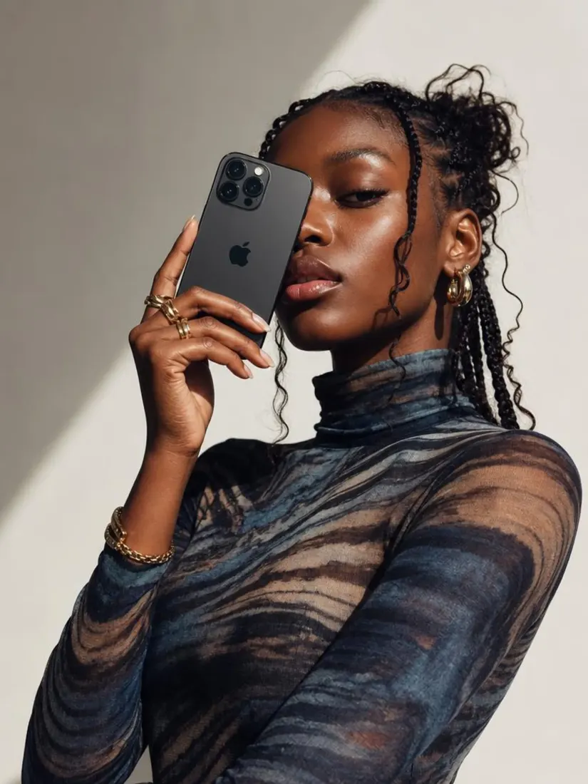 A woman in a sheer mesh top now holds a smartphone up for the camera, a product shot from the Product Holder Generator tool.