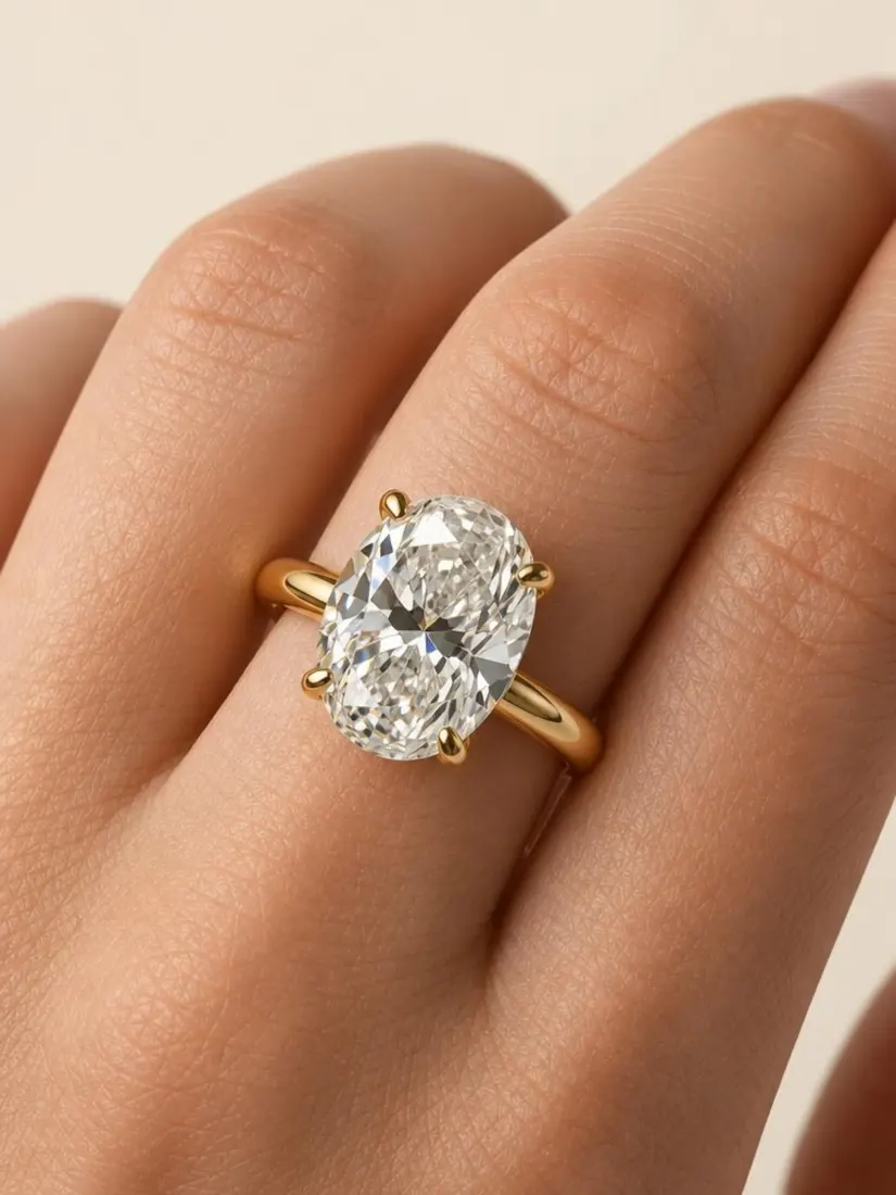 A close-up hand wears an oval diamond engagement ring, generated by the Ring Generator tool.