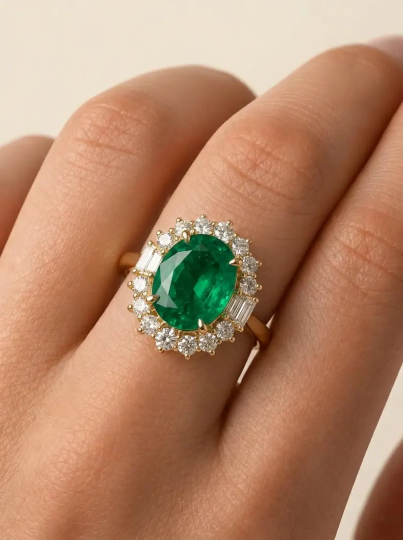 A close-up hand wears an emerald and diamond halo ring, generated by the Ring Generator tool.
