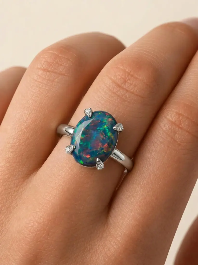 A close-up of a hand shows an oval opal ring with diamond accents generated by the Ring Generator tool.