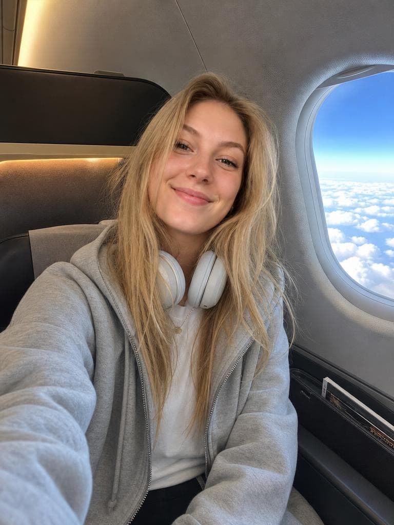 A woman smiles for a window-seat airplane selfie, styled by the Selfie Generator tool.