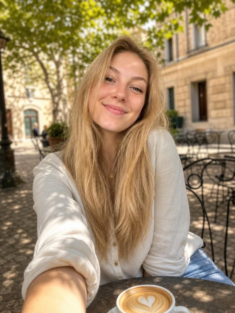 A blonde woman in a white blouse takes a cafe selfie with a latte, generated by the Selfie Generator tool.
