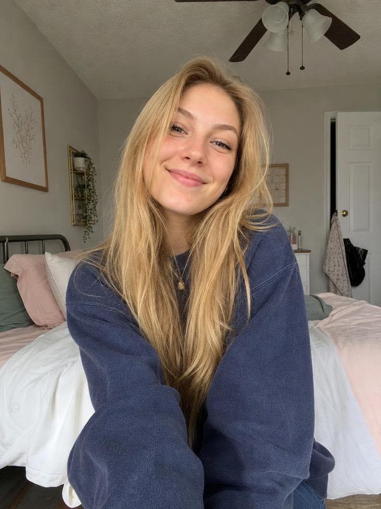 A blonde woman in a navy sweatshirt takes a bedroom selfie, before the Selfie Generator restyles the shot.