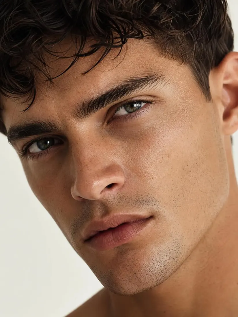 A man's close-up portrait shows clear, refined skin after the Skin Enhancer tool.