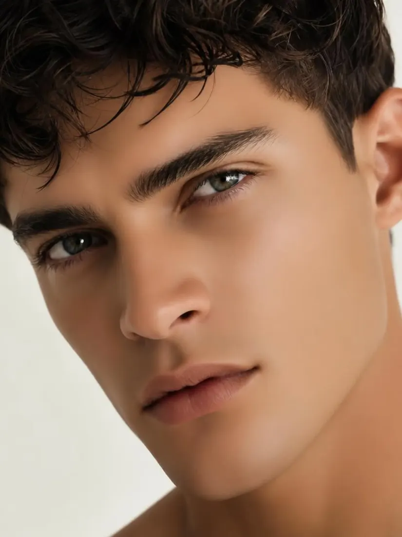 A man's close-up portrait appears before the Skin Enhancer tool refines his complexion.