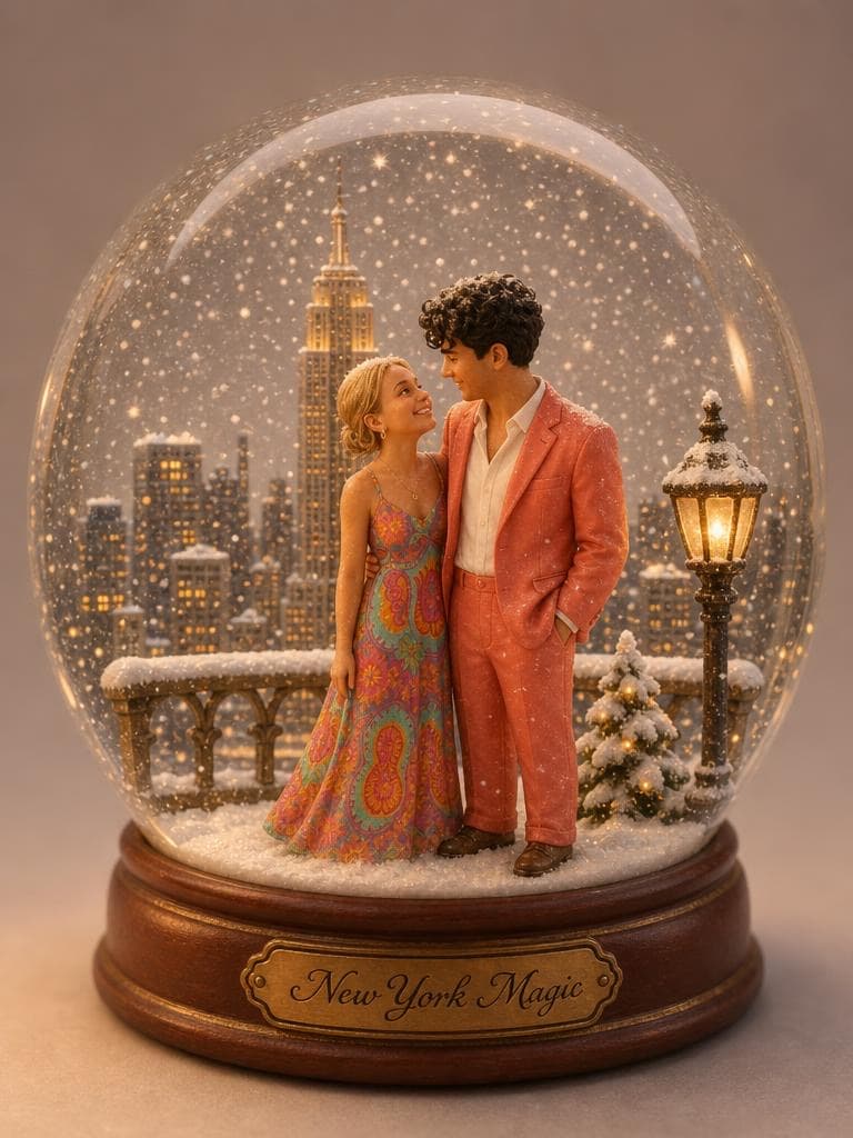 A couple is shrunk into a 'New York Magic' snow globe scene, created by the Snow Globe Generator tool.