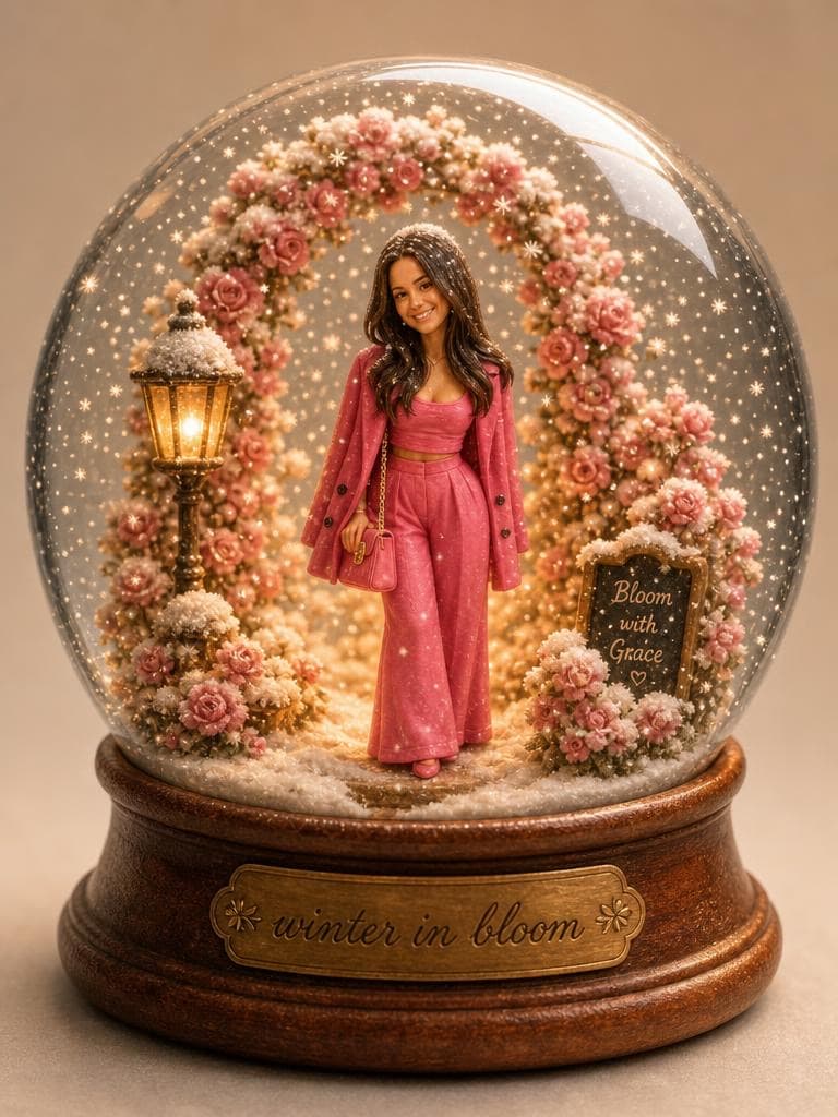 A woman in a pink suit stands inside a floral snow globe labeled winter in bloom, generated by the Snow Globe Generator tool.