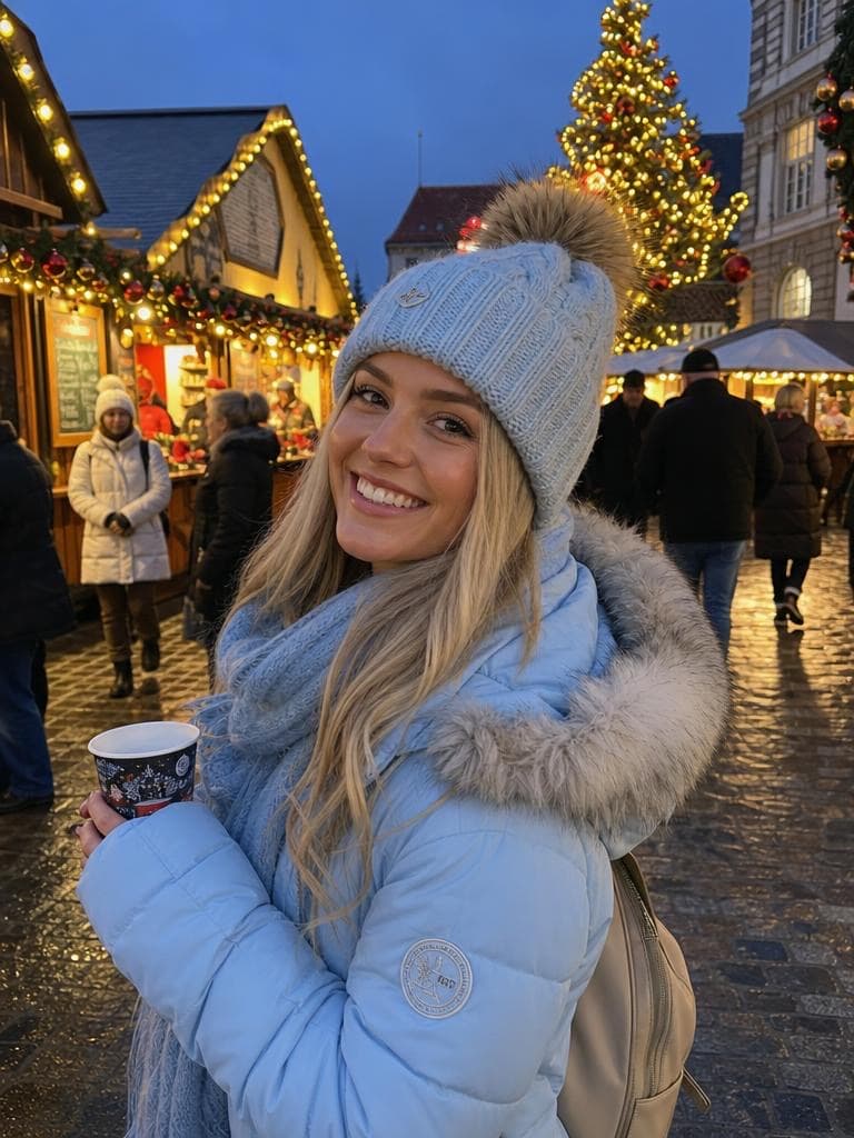 A woman in a blue coat and beanie stands at a Christmas market at night, before the Snow Globe Generator shrinks the scene.