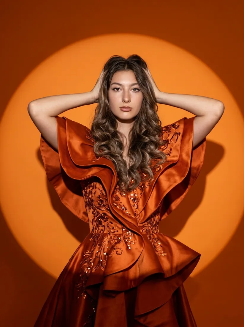 A woman in a ruffled orange gown poses under an orange circular spotlight, styled by the Spotlight Portrait Generator tool.