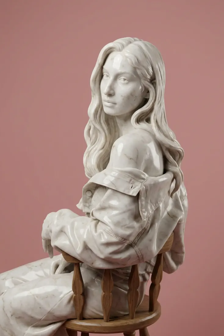 A seated woman is rendered as a white marble statue by the Statue Generator tool.